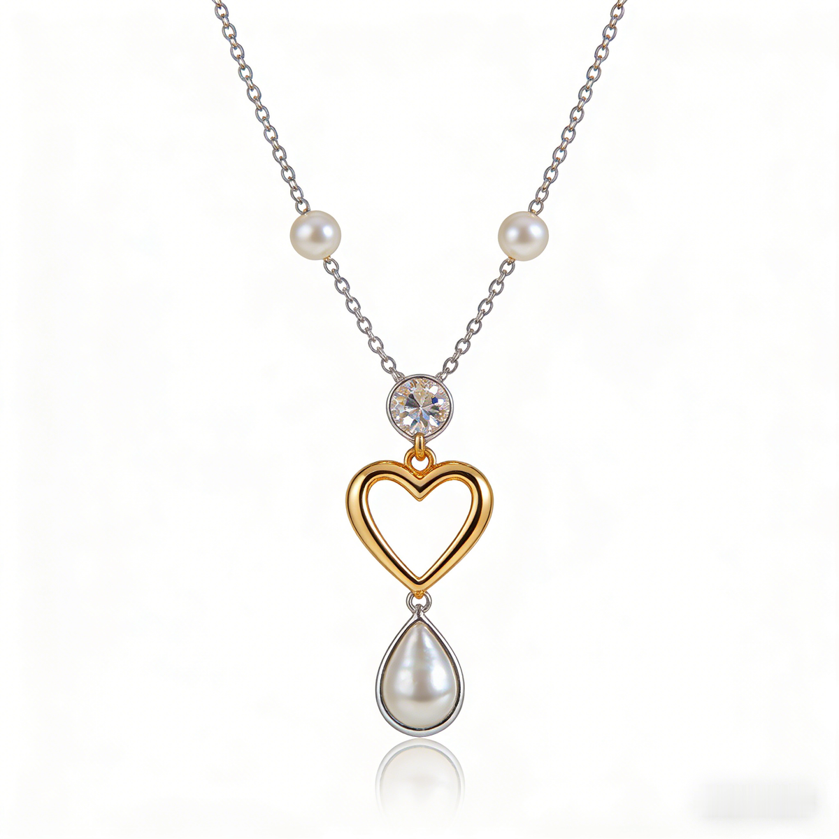 💖 "Mixed Metal Heart & Pearl Necklace" – Two-Tone Chain | Open Heart Pendant with Drop Pearl | Timeless Romance 📿