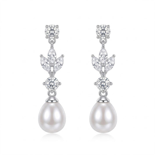 Silver Crystal Pearl Drop Earrings