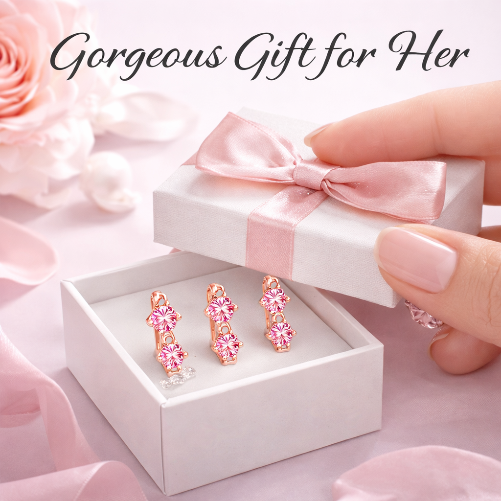 Rose Gold Triple Pink Stone Hoop Earrings