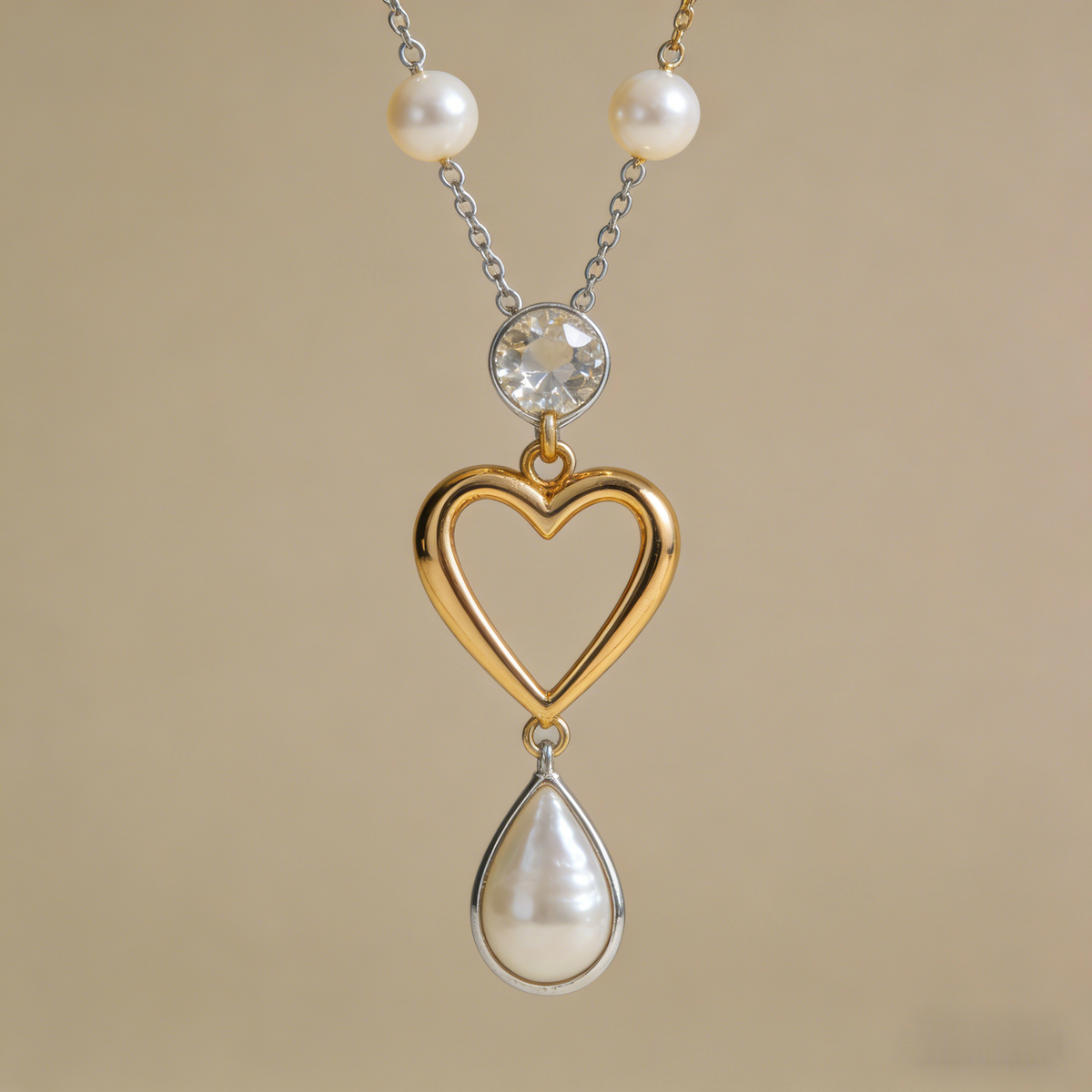 💖 "Mixed Metal Heart & Pearl Necklace" – Two-Tone Chain | Open Heart Pendant with Drop Pearl | Timeless Romance 📿