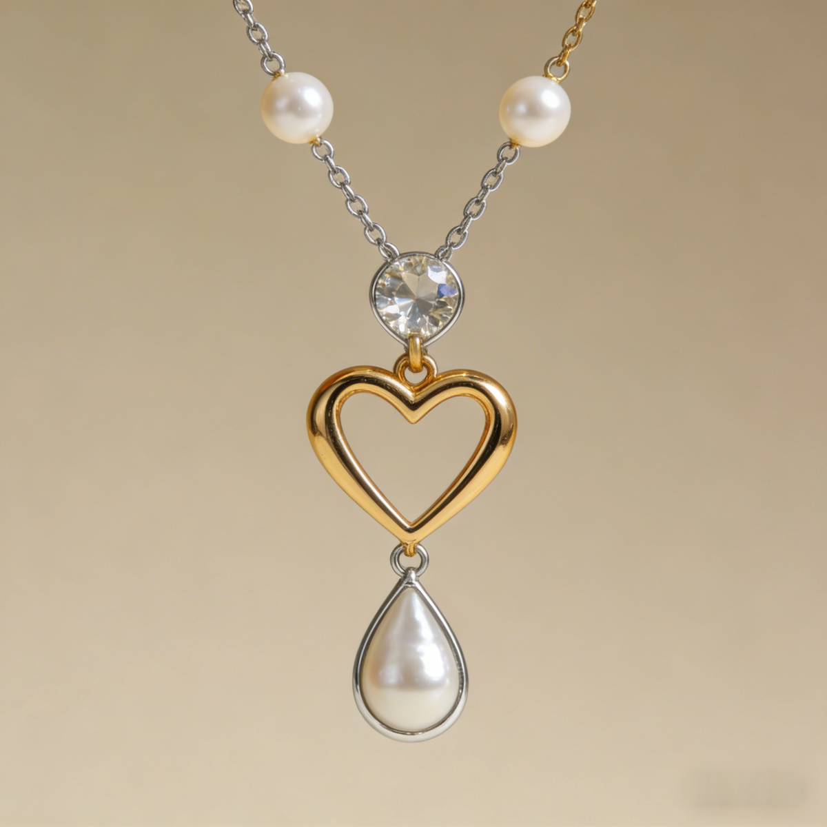 💖 "Mixed Metal Heart & Pearl Necklace" – Two-Tone Chain | Open Heart Pendant with Drop Pearl | Timeless Romance 📿